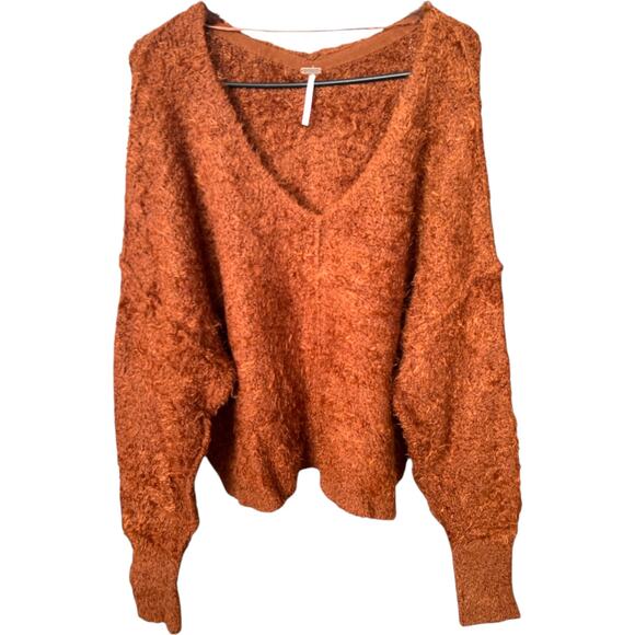 Free People Brown Fuzzy V Neck Nylon Pullover Sweater, M - Picture 1 of 9